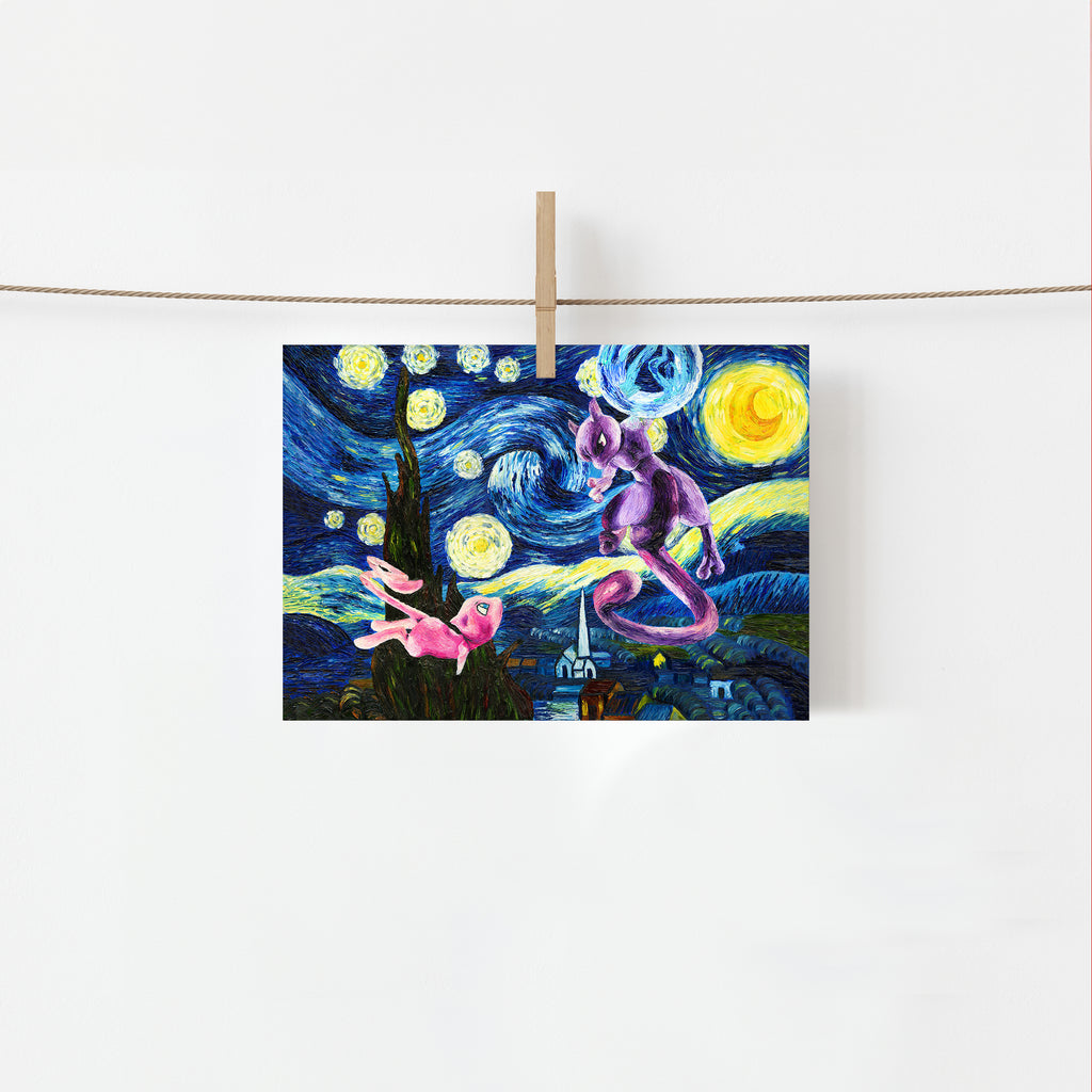 Mew x Mewtwo x Starry Night Mini Print