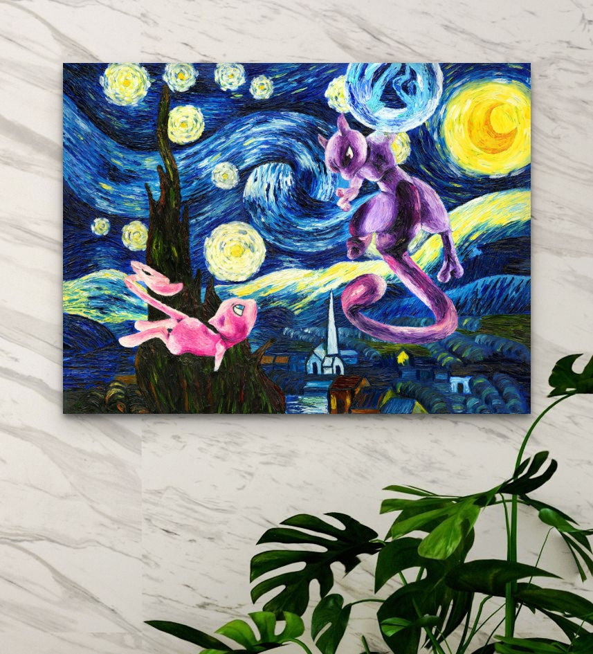 Mew x Mewtwo x Starry Night Canvas
